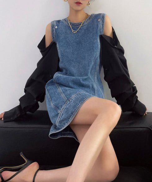 Detachable Sleeve Denim Mini Dress